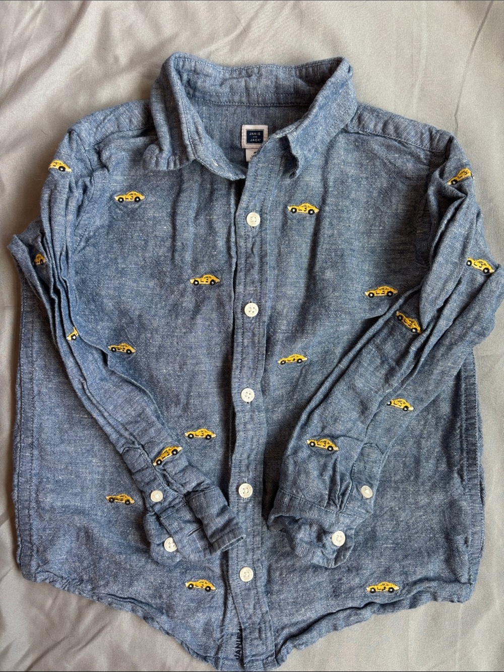Janie and Jack Blue Chambray Button-Down Shirt with Yellow Car Embroidery